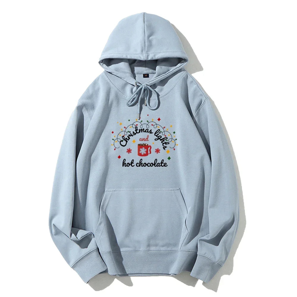 Christmas Lights Hot Chocolate Merry Bright Festive Family Hoodie Light Blue / S Hoodies-L