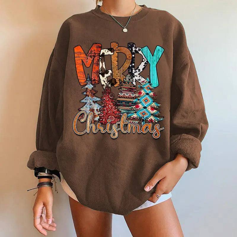 Letter Tree Print Round Neck Fleece Anime Christmas Hoodie - Large Size Coffee / S Hoodies-L