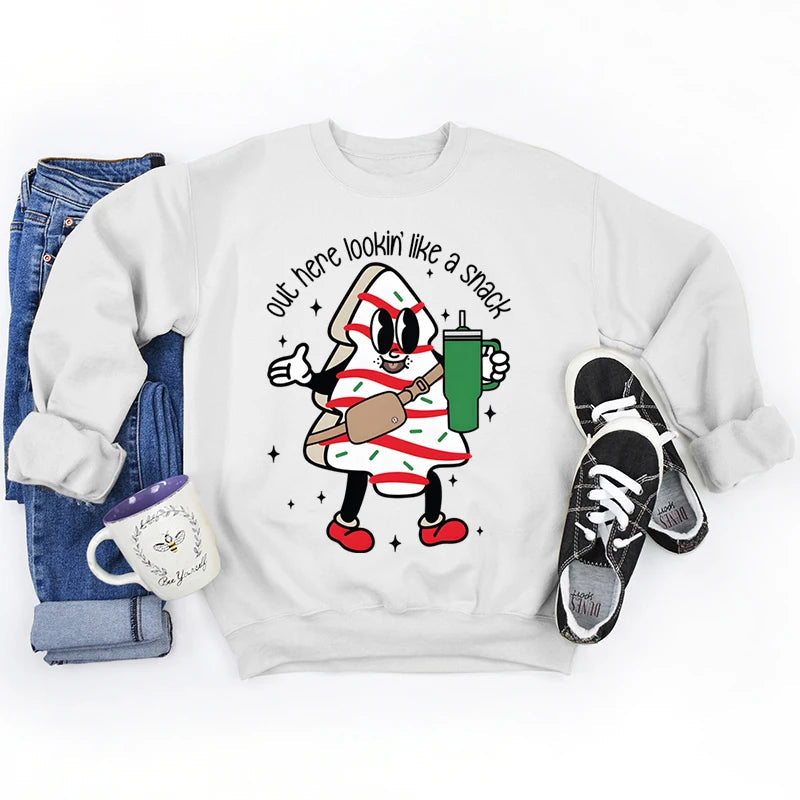 Snack Print Round Neck Christmas Hoodie - Casual Long Sleeve