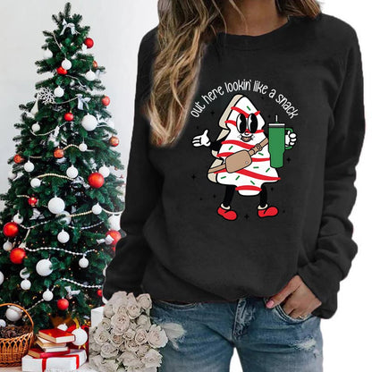 Snack Print Round Neck Christmas Hoodie - Casual Long Sleeve Hoodies-L