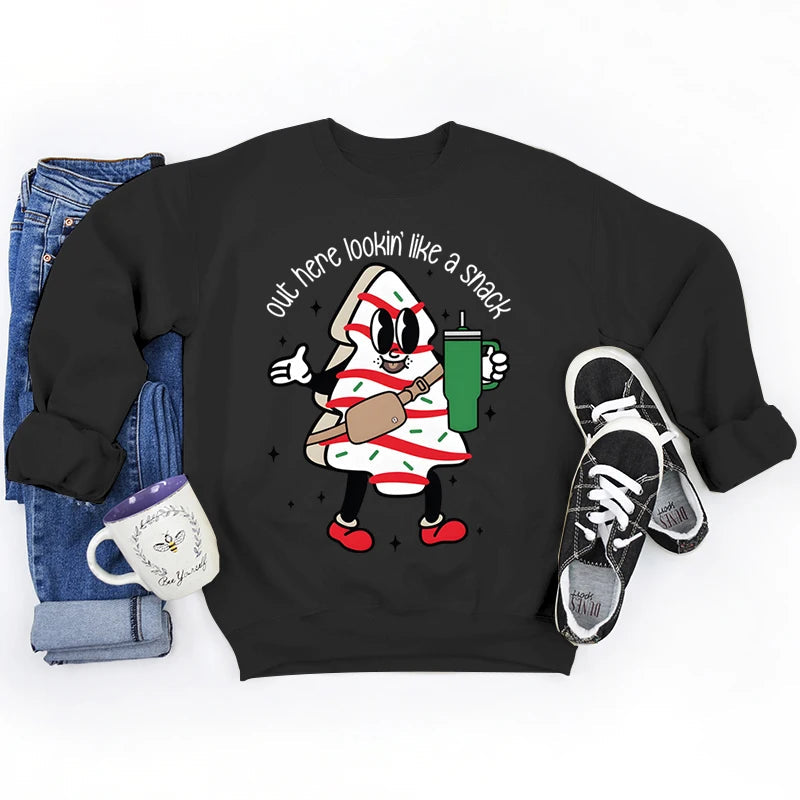 Snack Print Round Neck Christmas Hoodie - Casual Long Sleeve Black / S Hoodies-L