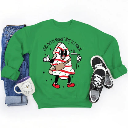 Out Here Lookin’ Like A Snack Print Round Neck Casual Long Sleeve Christmas Hoodie Green / S