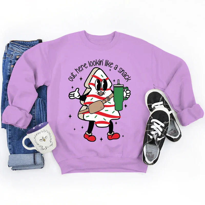 Out Here Lookin’ Like A Snack Print Round Neck Casual Long Sleeve Christmas Hoodie Purple / S