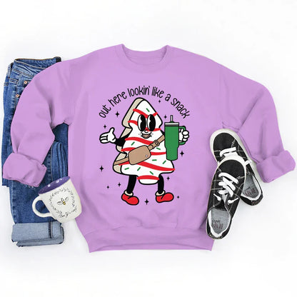 Out Here Lookin’ Like A Snack Print Round Neck Casual Long Sleeve Christmas Hoodie Purple / S
