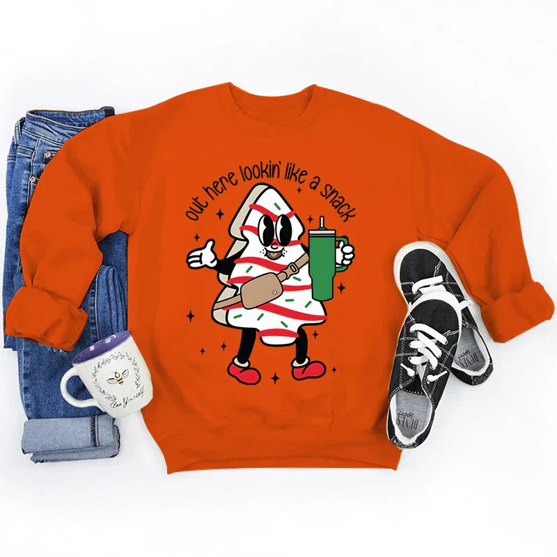 Out Here Lookin’ Like A Snack Print Round Neck Casual Long Sleeve Christmas Hoodie Orange / S