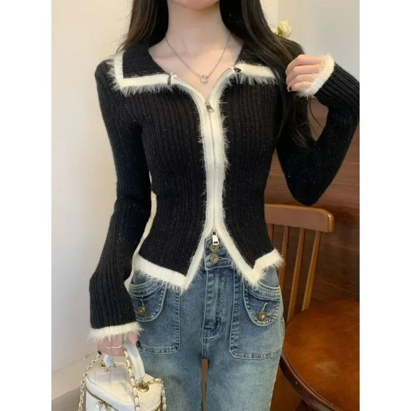 Plush Knitted Slim-Fit Zipper Cardigan Cardigan-241208