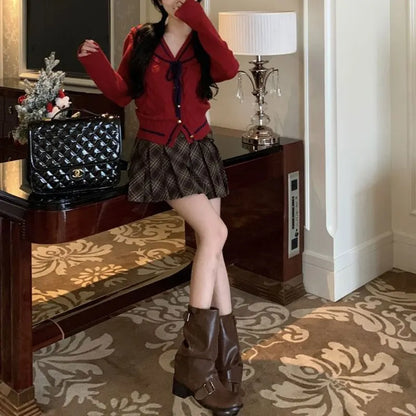 Korean Stylish Drawstring Bow Vintage Red Cardigan Christmas Sweater Sweaters-L