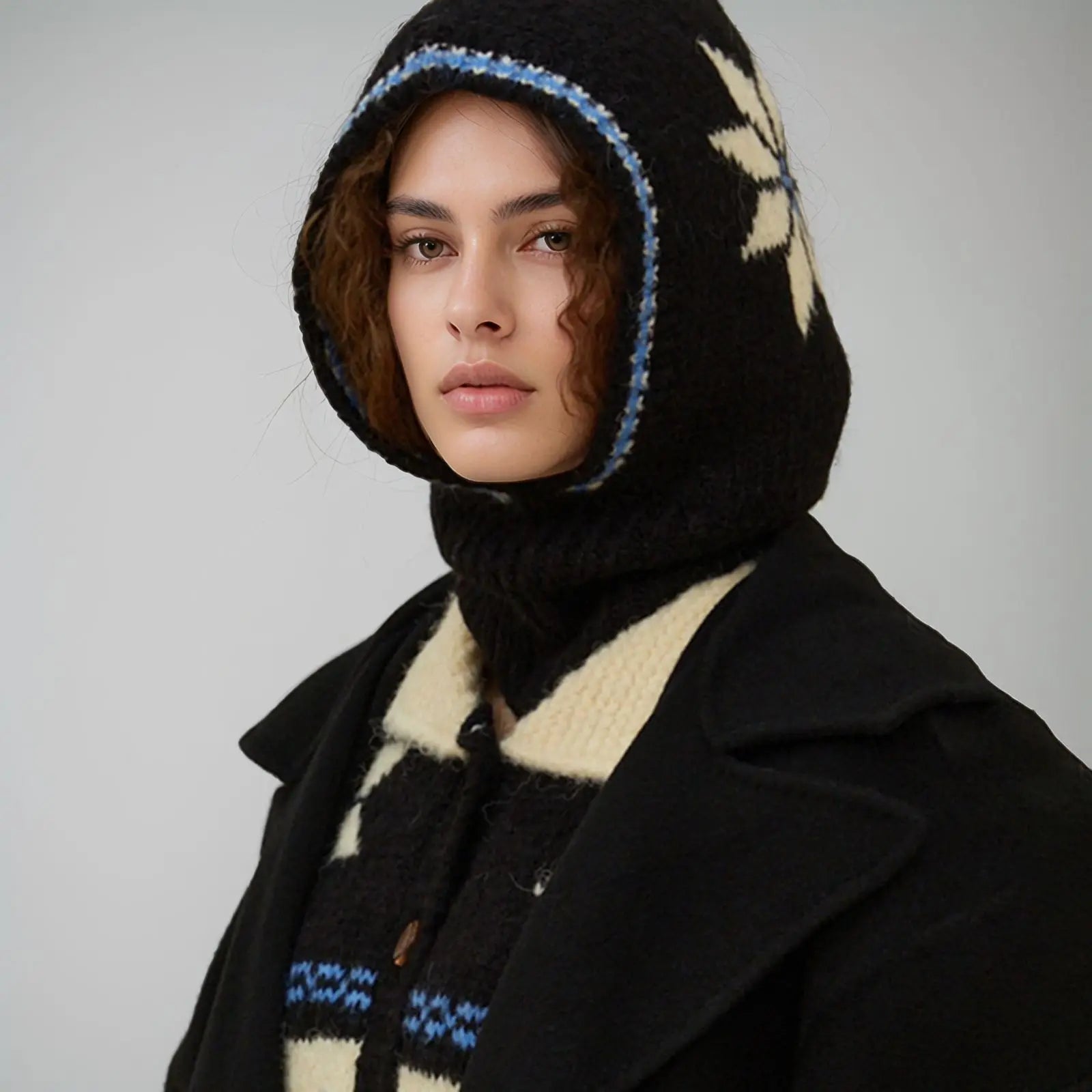 Snowflake Wool Blend Balaclava Knitted Christmas Hat Black Snowflake / One Size Hat-L