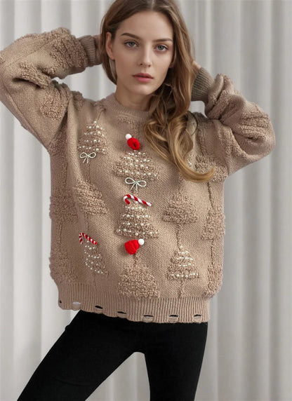 Korean Style O Neck Casual Loose Jumper Chic Bow Christmas Sweater Khaki / S Sweaters-L