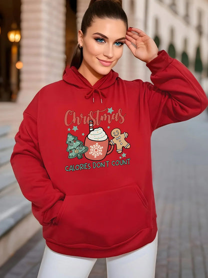 Fleece Lined Drawstring Sports Hoodie with Christmas Tree Design