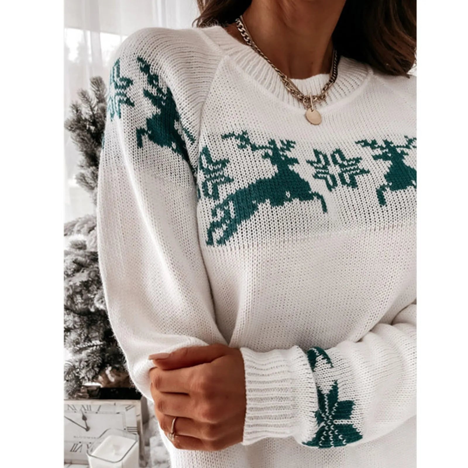 Elk Snowflake Christmas Sweater For Casual Autumn Winter Wear Sweaters-L