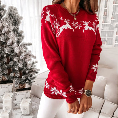 O Neck Elk Snowflake Casual Autumn Winter Pullover Christmas Sweater Sweaters-L