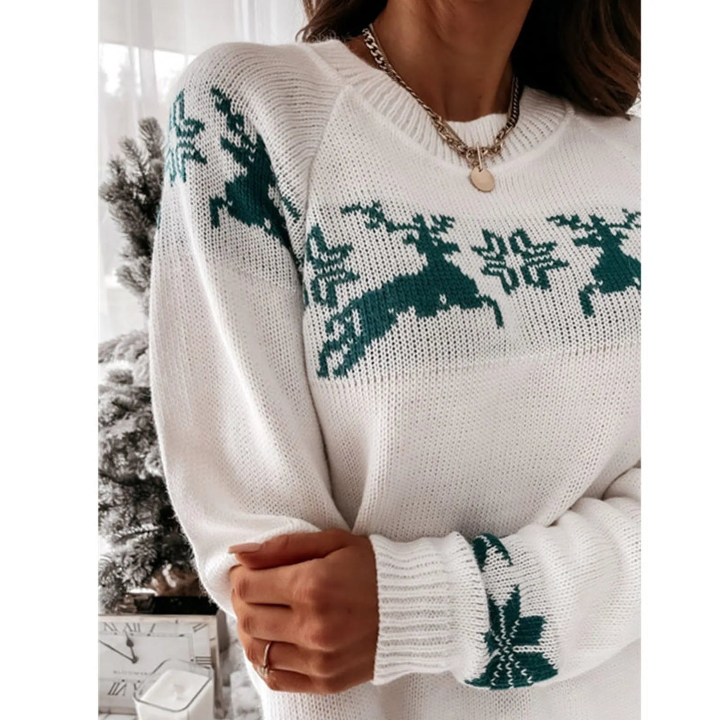 O Neck Elk Snowflake Casual Autumn Winter Pullover Christmas Sweater Sweaters-L