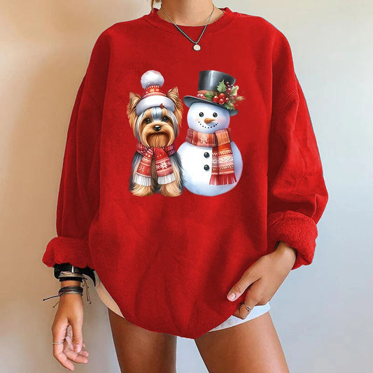 Y2K Snowman Dog Printed Christmas Hoodie Red / S Hoodies-L