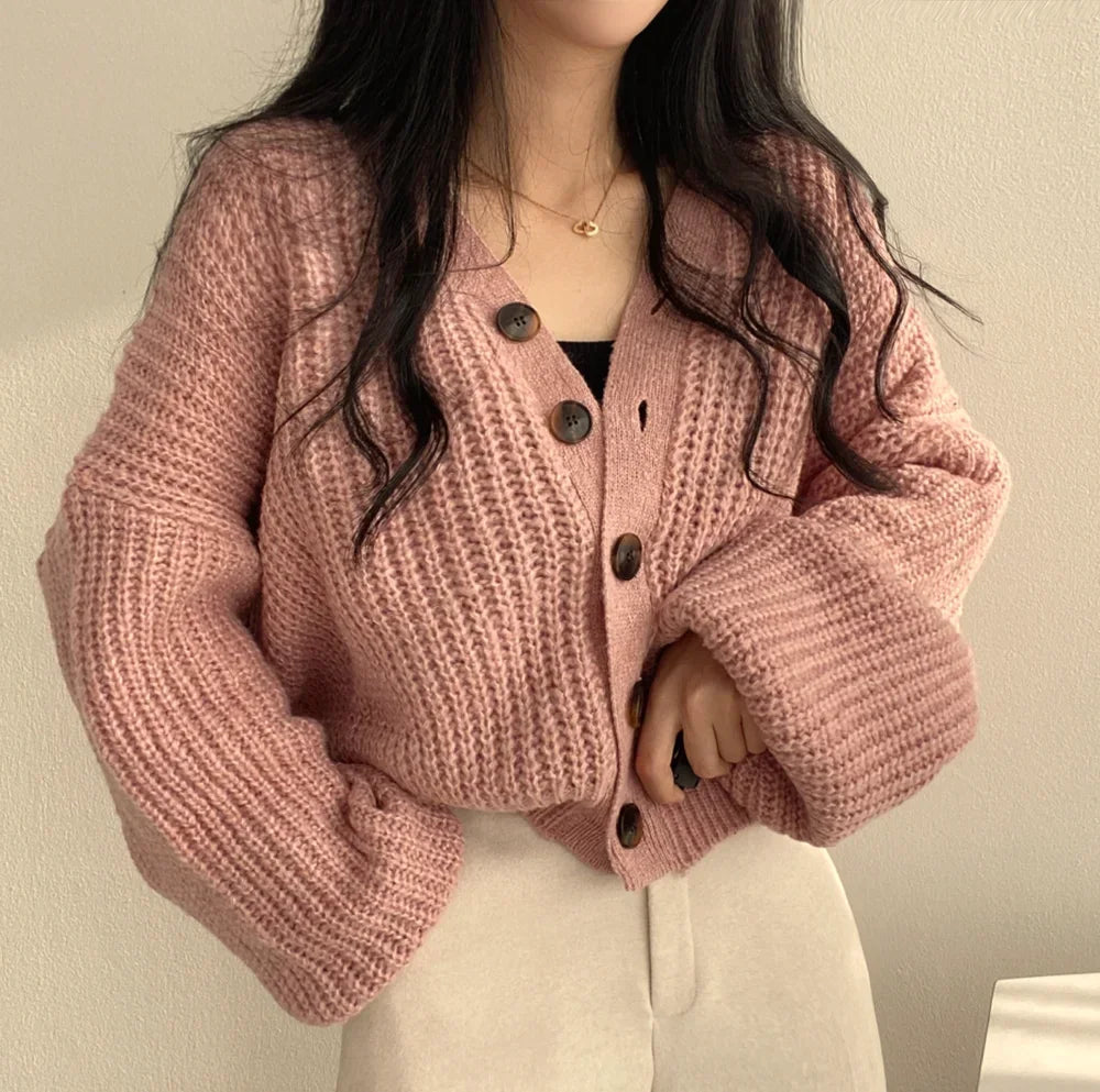 Cozy V-neck Button Front Dusky Pink Fall Winter Basic Knitwear Cardigan