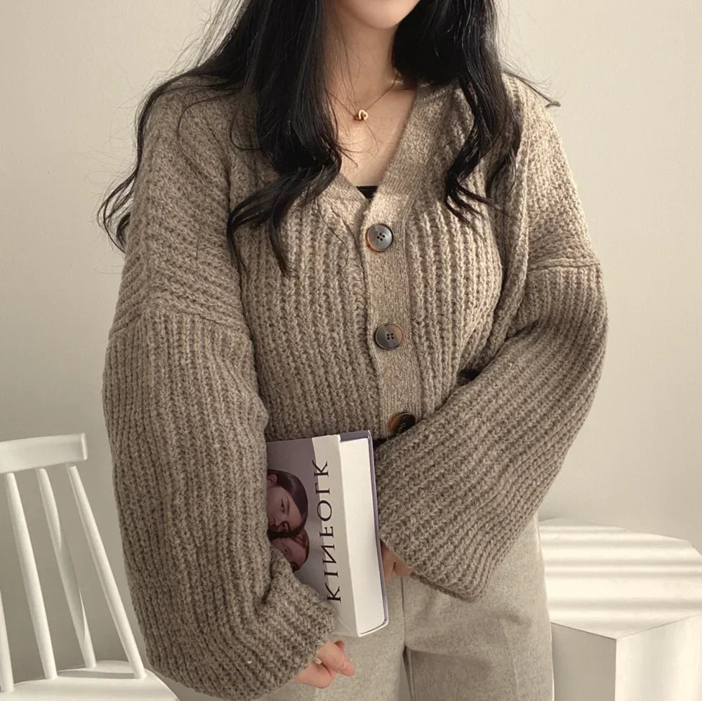 Cozy V-neck Button Front Dusky Pink Fall Winter Basic Knitwear Cardigan