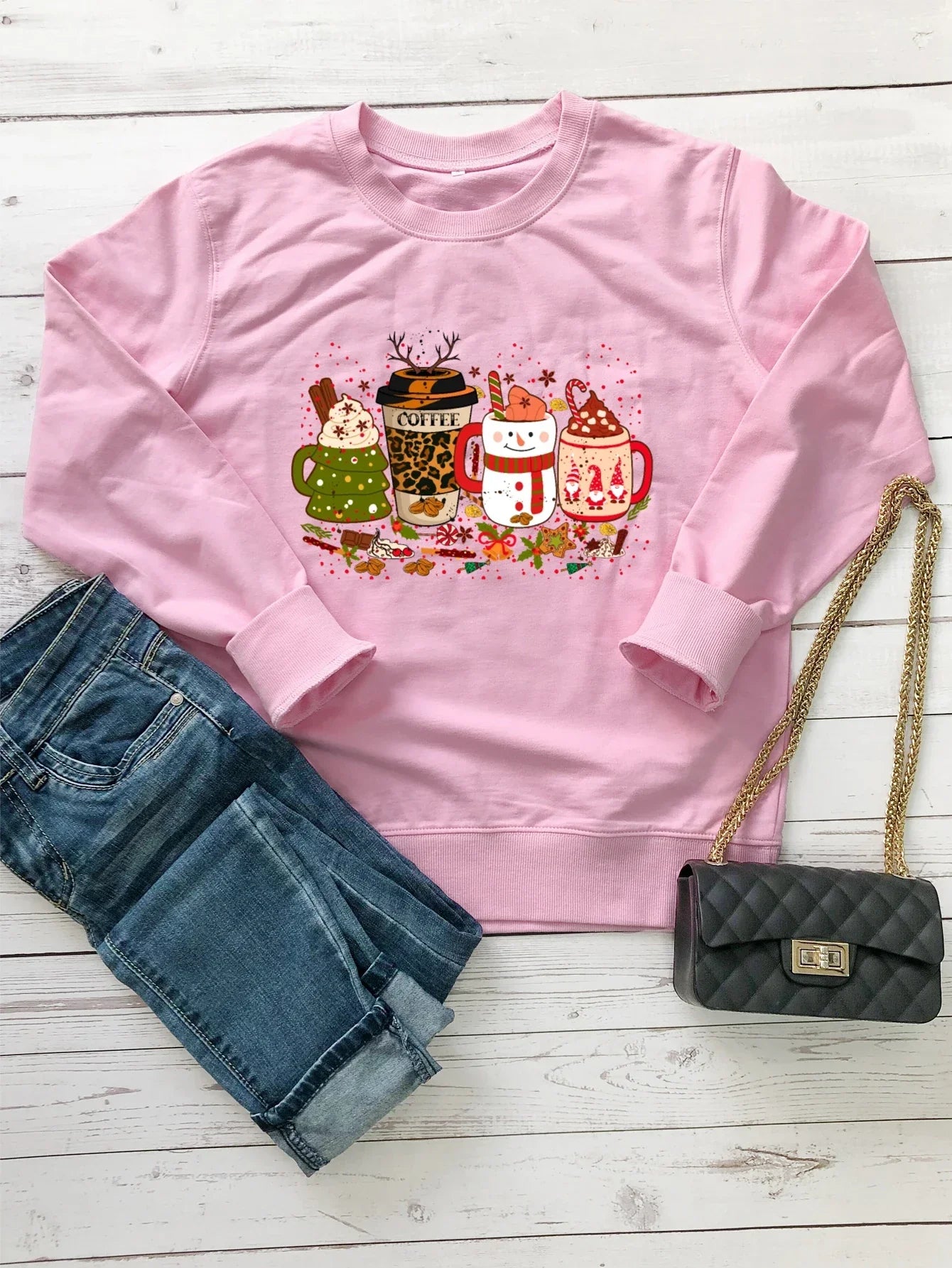 Colored Coffee Party Aesthetic Pure Cotton Jumper Graphic Christmas Hoodie Pink / S Hoodies-L