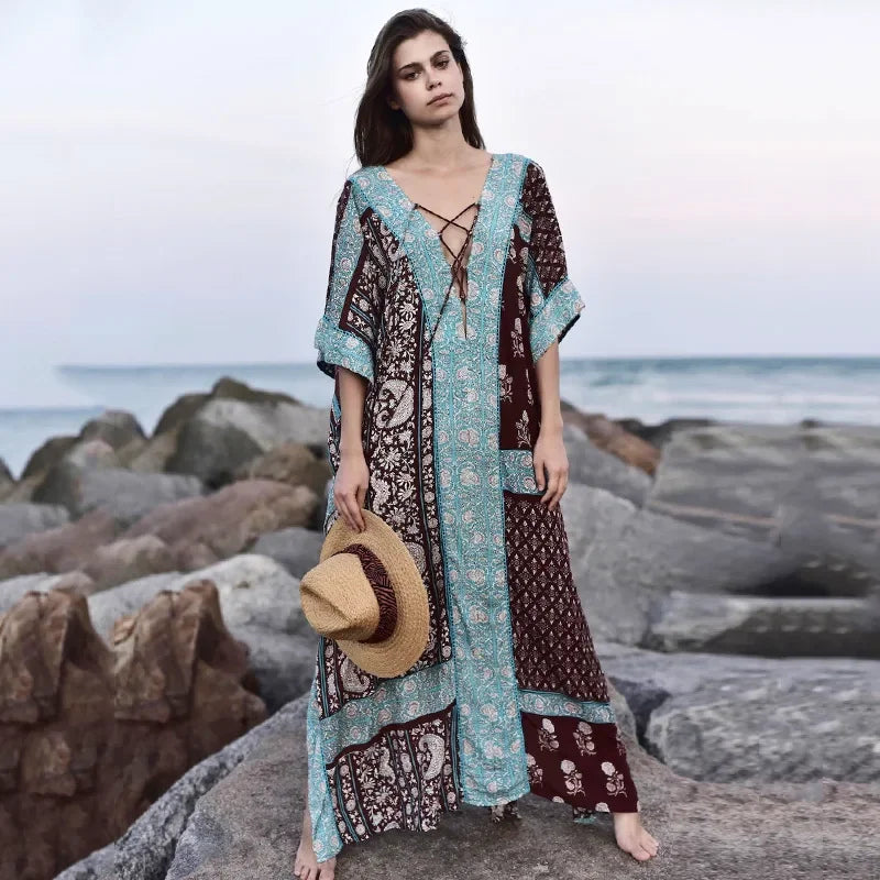 Cotton Floral Print Smock Frock Boho Cover up as picture show / One Size bohocoverup-250126