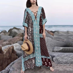 Cotton Floral Print Smock Frock Boho Cover up as picture show / One Size bohocoverup-250126