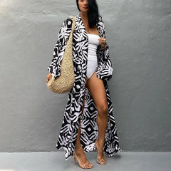 Cotton Rayon Printed Self Belted Maxi Boho Cover up MULTI / One Size bohocoverup-250126