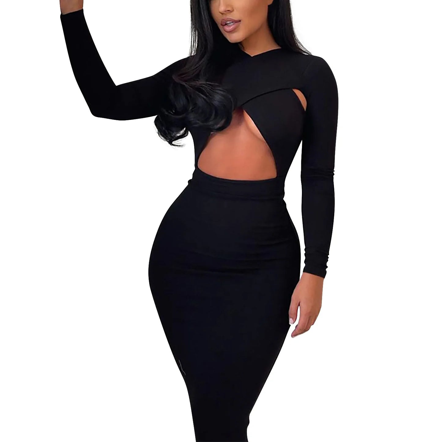 JuliaFashion - Cut Out Long Sleeve Jumpsuit Women Sexy Bodycon Solid Fitness Athleisure Loungewear Outfits Criss Cross Overalls Hot Party Wear Dress