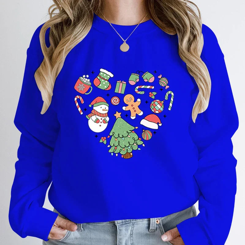 Cute Heart Tree Snowman Fashion Loose Round Neck Christmas Hoodie Blue / S Hoodies-L