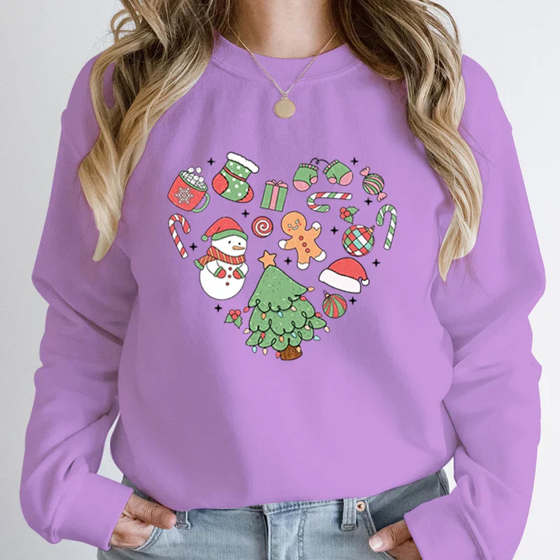 Cute Heart Tree Snowman Fashion Loose Round Neck Christmas Hoodie Purple / S Hoodies-L