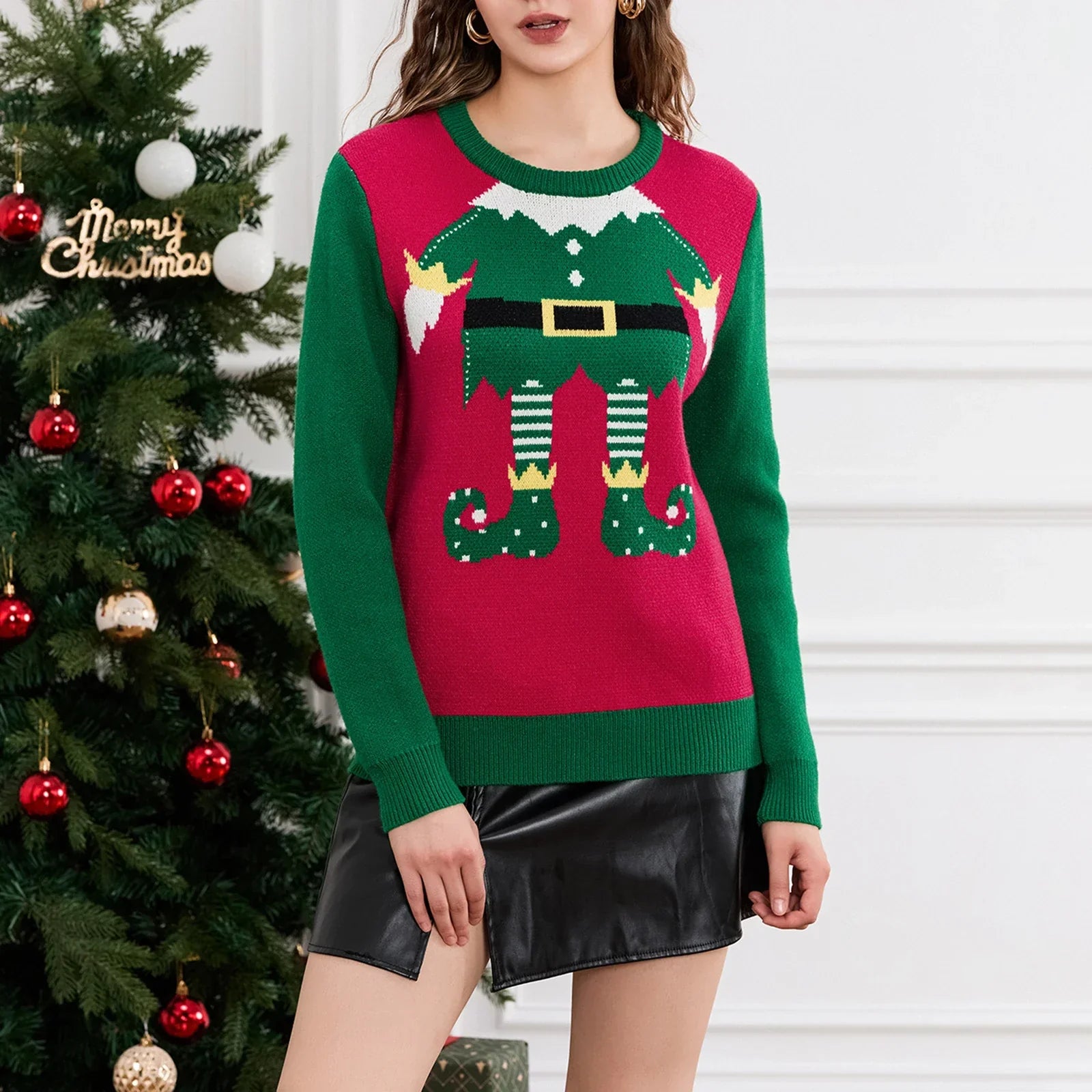 Cute Trendy Elf Legs Print Crew Neck Warm Fall Winter Streetwear Christmas Sweater Sweaters-L