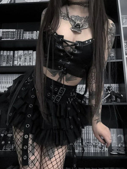 Cyber Leather Lace-up Grunge PU Y2K Emo Crop Gothic Top