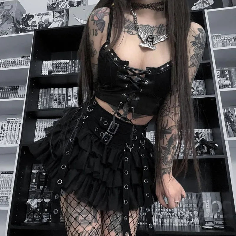 Cyber Leather Lace-up Grunge PU Y2K Emo Crop Gothic Top