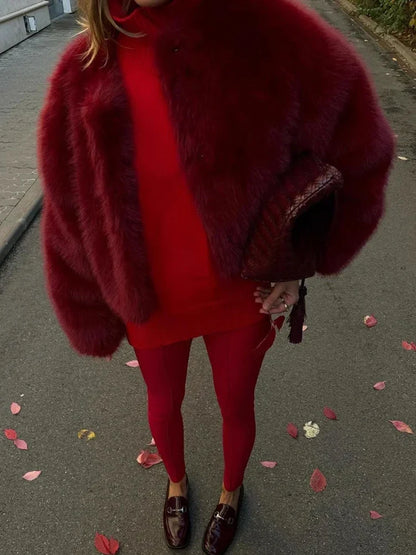 Red Faux Fur O-Neck Short Coat Coats-241208