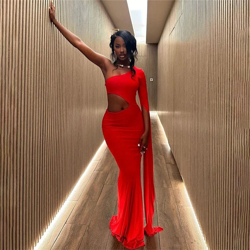 Solid Trend Incline Shoulder Hollow High Street Maxi Dress Sexy Elegant Christmas Party Dresses-L