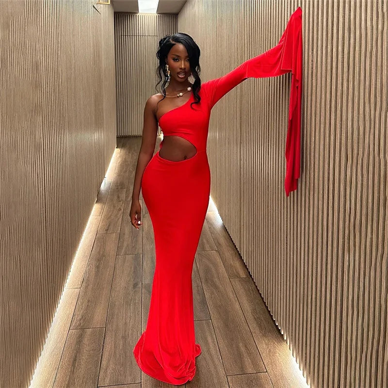 Solid Trend Incline Shoulder Hollow High Street Maxi Dress Sexy Elegant Christmas Party Dresses-L