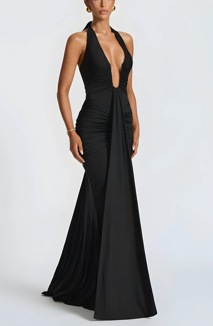 Deep Plunge Ruched Maxi Dress