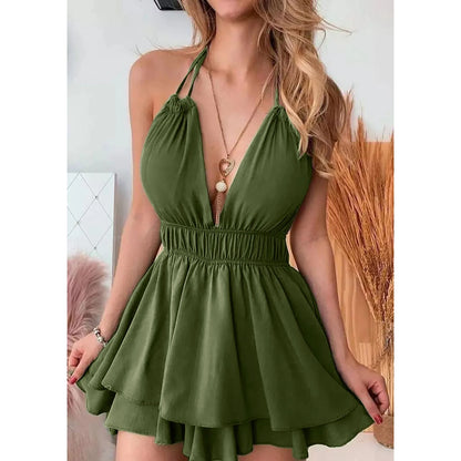 JuliaFashion - Deep V Neck Slip Sun2024 New Femme Ruched Irregular Hem Summer Backless Sexy Backless Sleeveless Mini For Women Dress