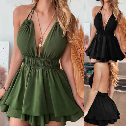 JuliaFashion - Deep V Neck Slip Sun2024 New Femme Ruched Irregular Hem Summer Backless Sexy Backless Sleeveless Mini For Women Dress