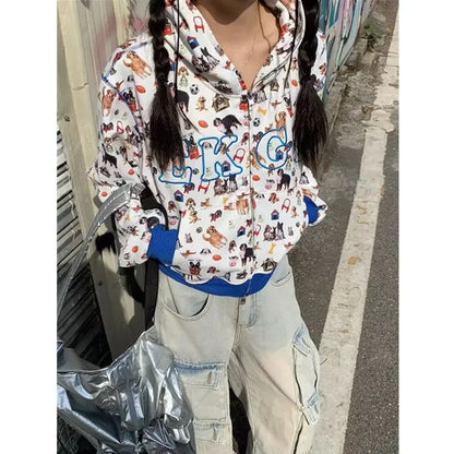 Deeptown Graphic Zip Up Kawaii Cropped Cute Pattern Vintage Y2K Hoody