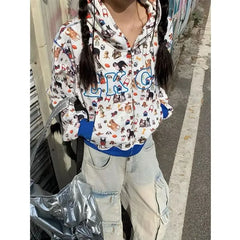 Deeptown Graphic Zip Up Kawaii Cropped Cute Pattern Vintage Y2K Hoody