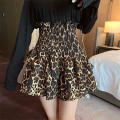 Leopard Print Ruffle Vintage High Waisted Pleated Skirt Brown / One Size