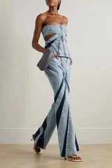 Denim Cut Out Tube Top & Patch Jeans Two Piece Set