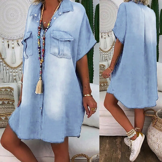 JuliaFashion - Denim Fashion Women's Casual Turndown Neck Sleeveless Swing Vestido De Mujer Dress