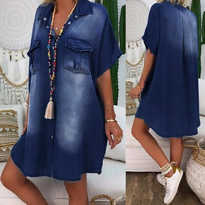 JuliaFashion - Denim Fashion Women's Casual Turndown Neck Sleeveless Swing Vestido De Mujer Dress