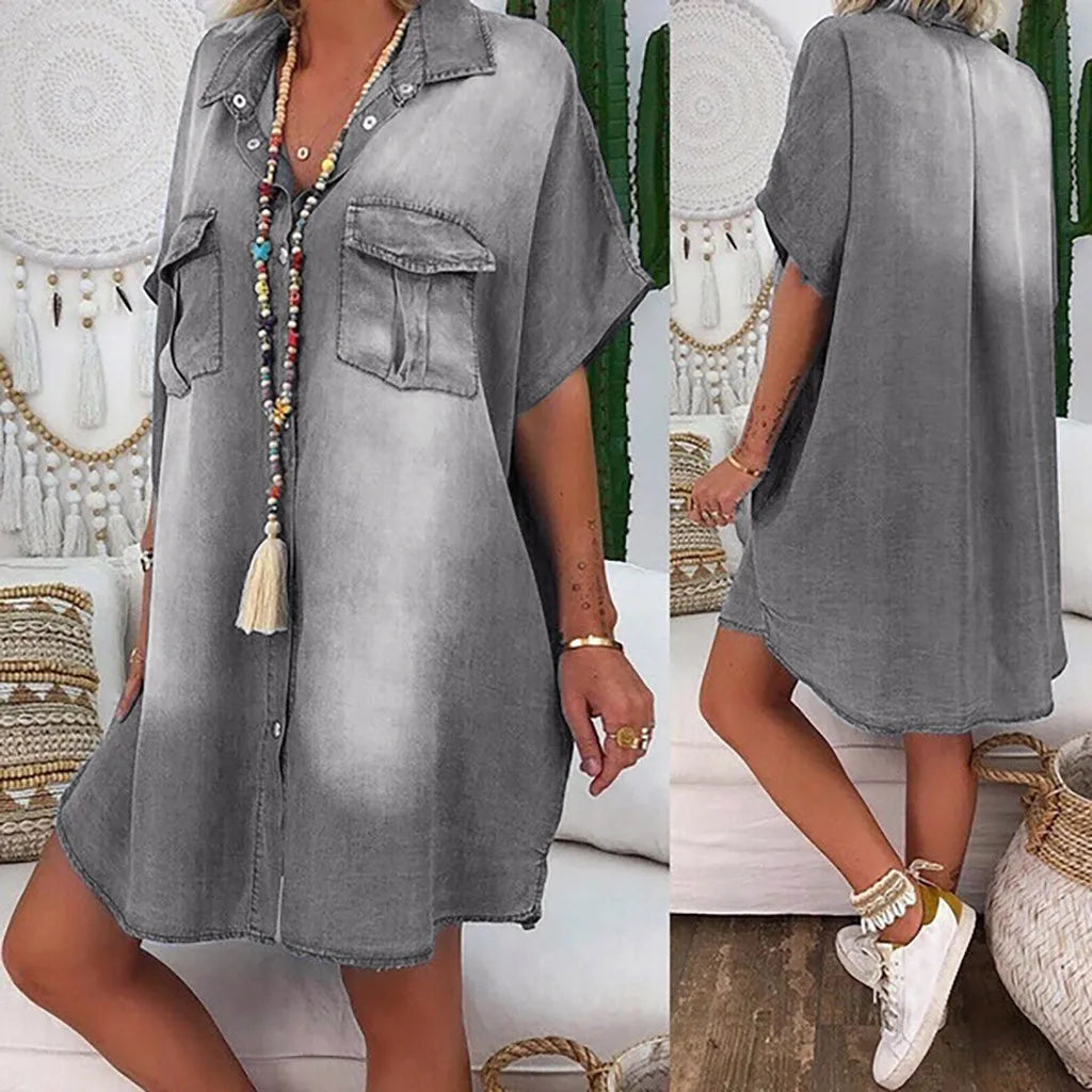 JuliaFashion - Denim Fashion Women's Casual Turndown Neck Sleeveless Swing Vestido De Mujer Dress