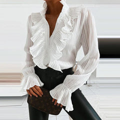 Denim Ruffled V Neck Pleated Blouse blouse-250126