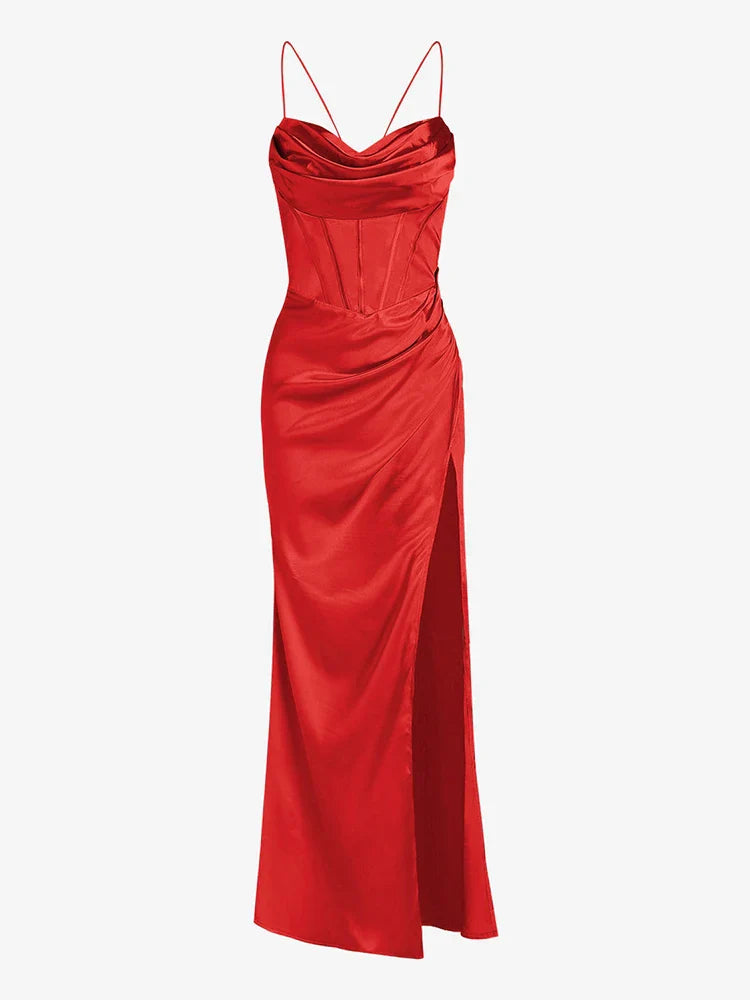 Elegant Satin Cowl Front Lace Up Corset Red Christmas Party Dress Dresses-L