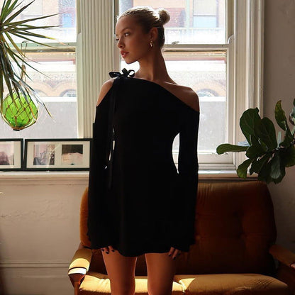 Dress Diagonal Collar off the Shoulder Stitching High Waist Long Sleeves Hip