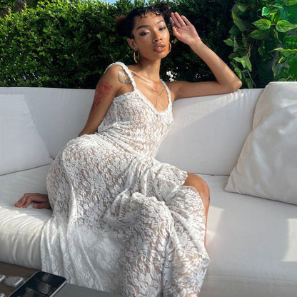 Dress Lace Strap Stitched Backless Long Sheath