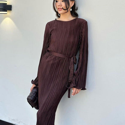 Dress round Neck Tied Horn Long Sleeve Long Pleated Dress