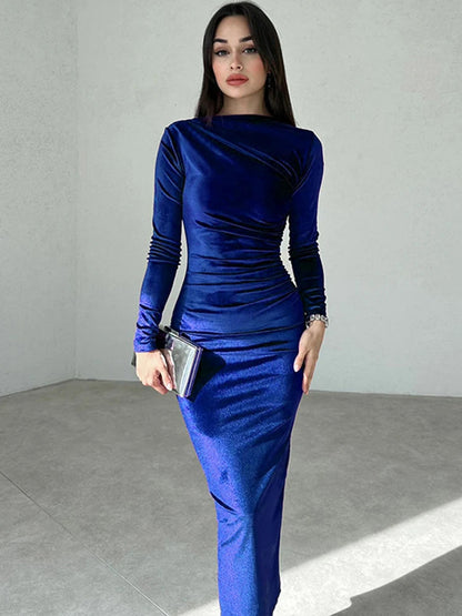 Velvet Long Sleeve Midi Dress - Elegant Party Clothes for Christmas Party