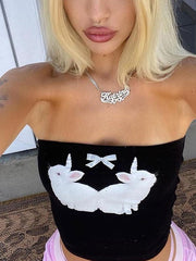 Cute Bow Tie Embellished Ribbed Trim Sophisticated Sleeveless Crop Top - Hot Pink Black / S Bandeau
